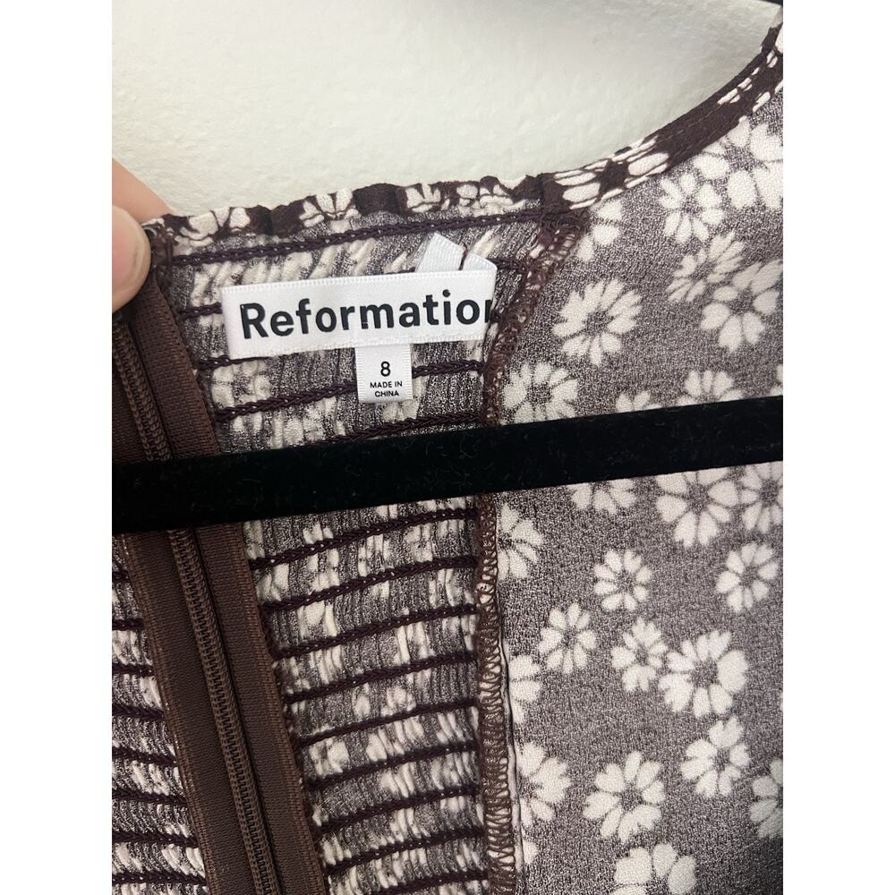 Reformation Brown Floral Smocked Puff Sleeve Brittany Mini Dress Size 8 - Picture 5 of 7